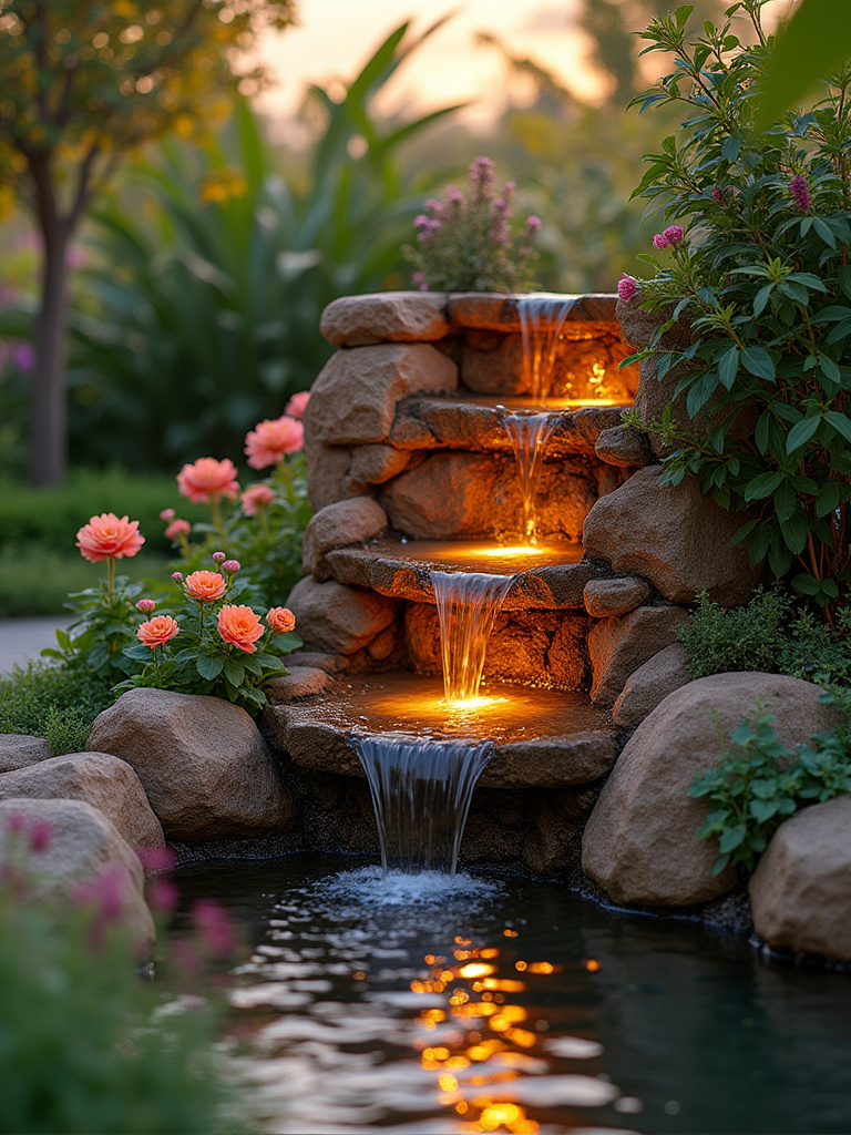 A tranquil backyard with a tiered wall fountain and colorful flowers creating a soothing ambiance.
