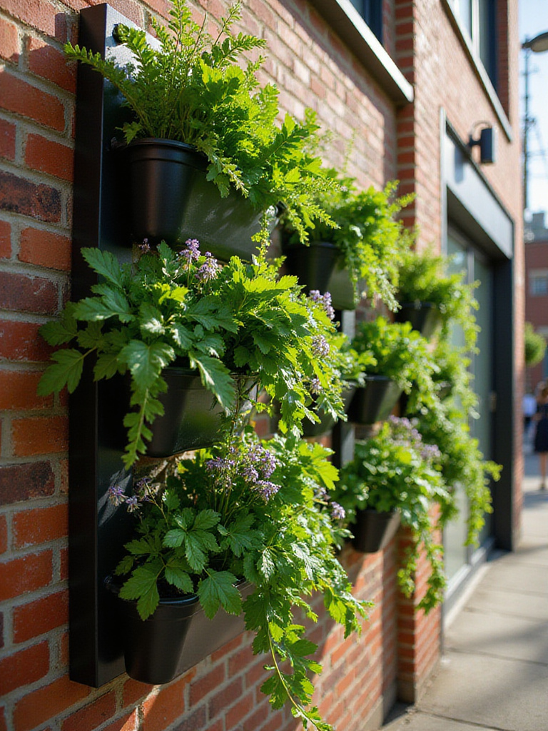 Vibrant vertical garden on a rustic brick wall with various plants and flowers.