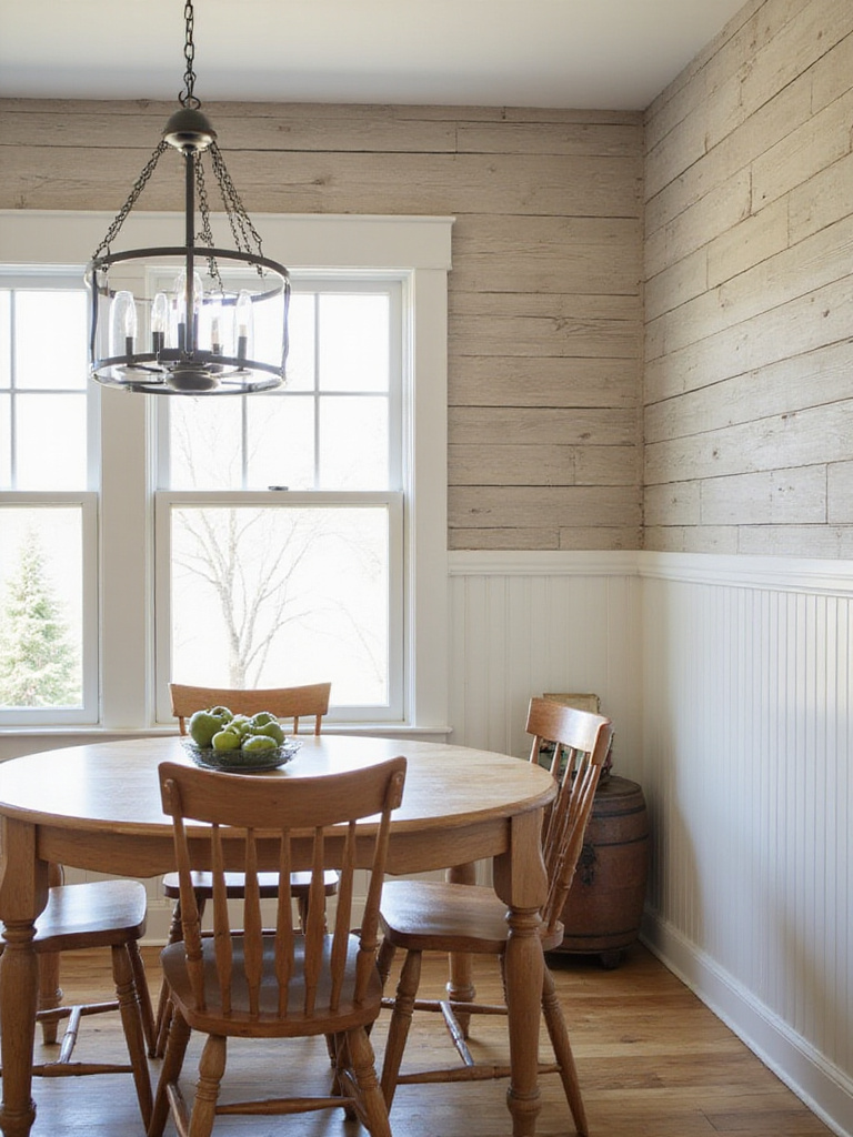 Cozy farmhouse dining room with shiplap and beadboard walls