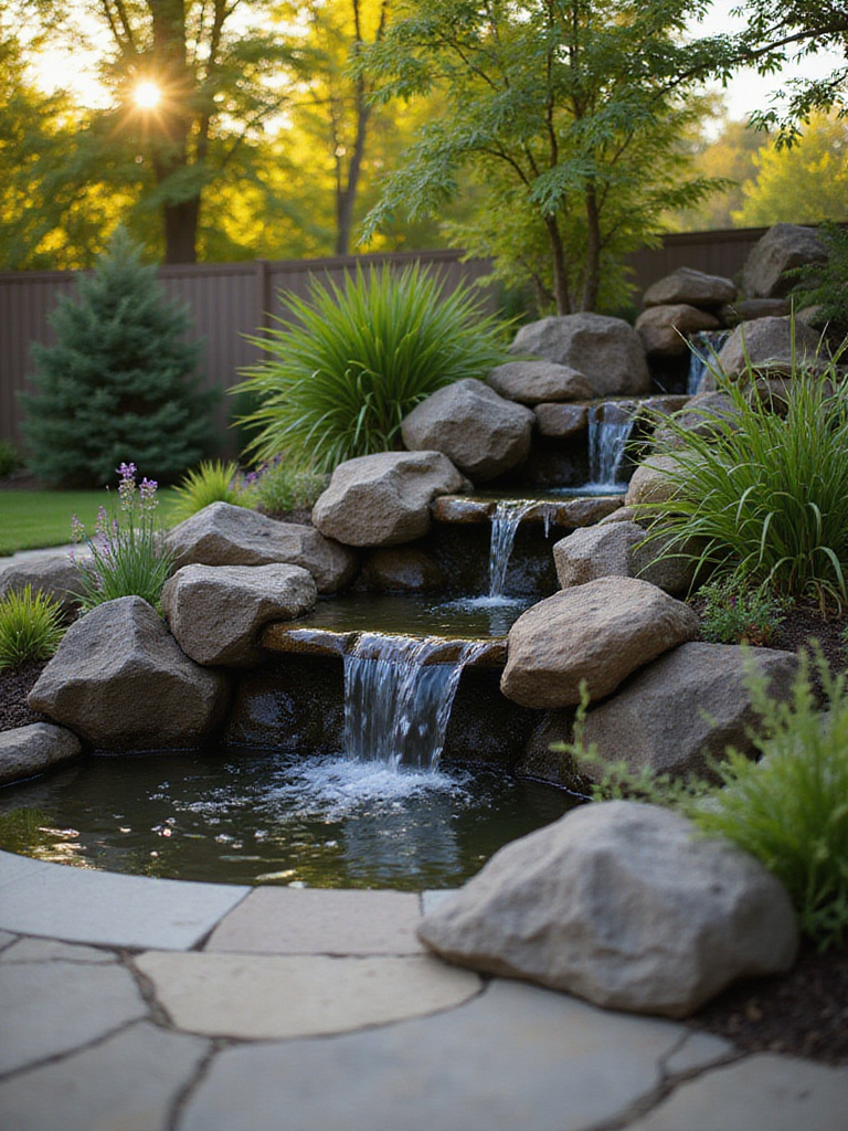 A tranquil patio with a multi-tiered waterfall and pond surrounded by greenery, showcasing the calming effect of a water feature.