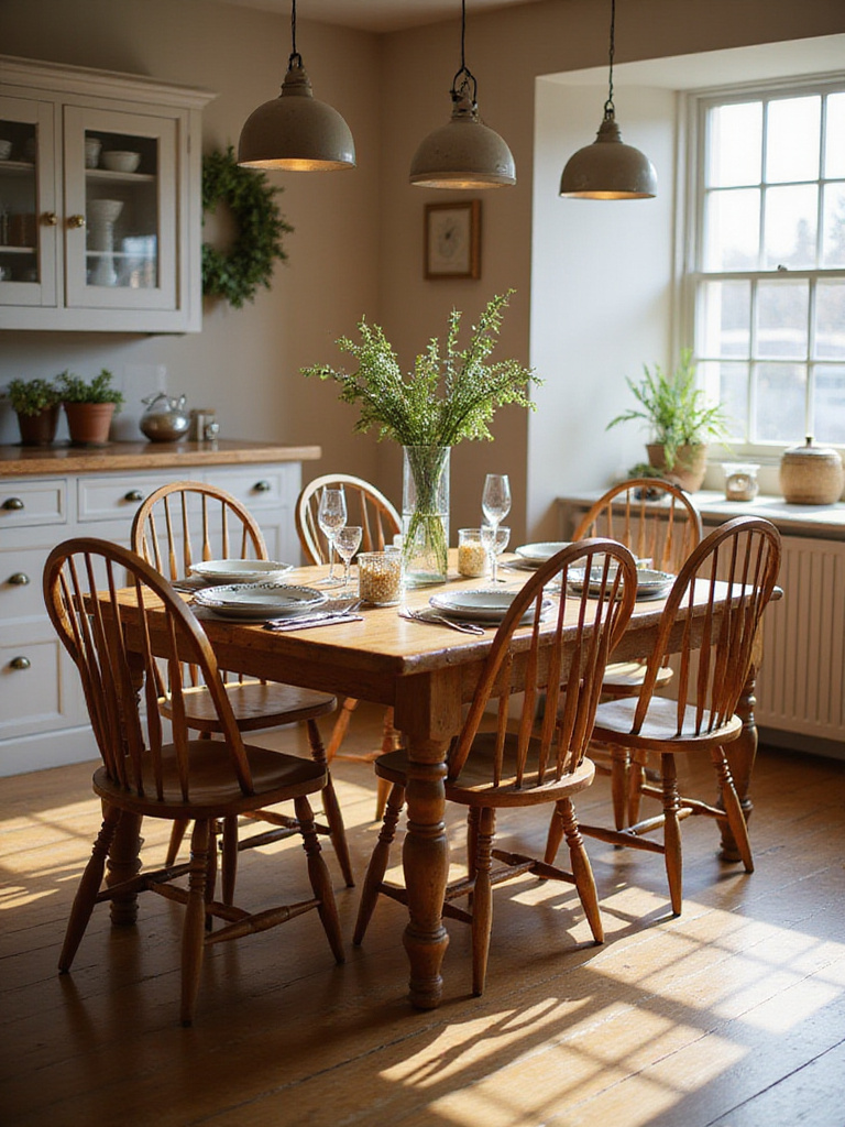 A cozy farmhouse kitchen featuring Windsor and cross-back chairs around a rustic dining table.