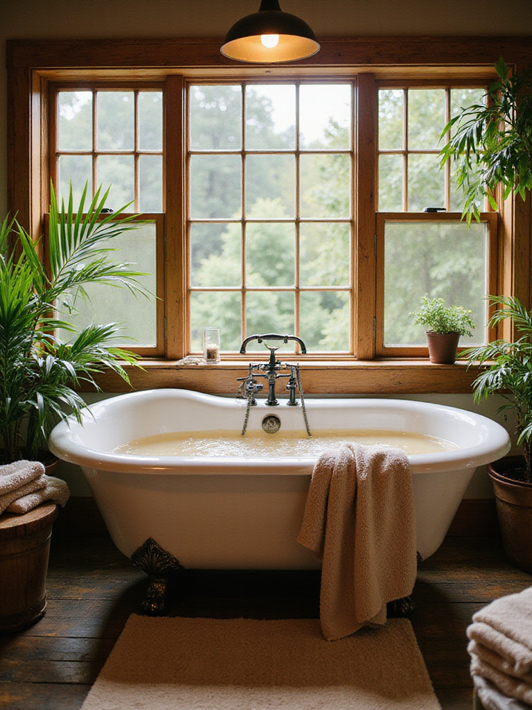 Luxurious rustic bathroom with a clawfoot tub filled with warm water by a window