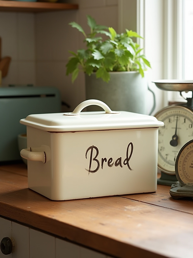 Vintage-style bread box on rustic countertop with retro kitchen items