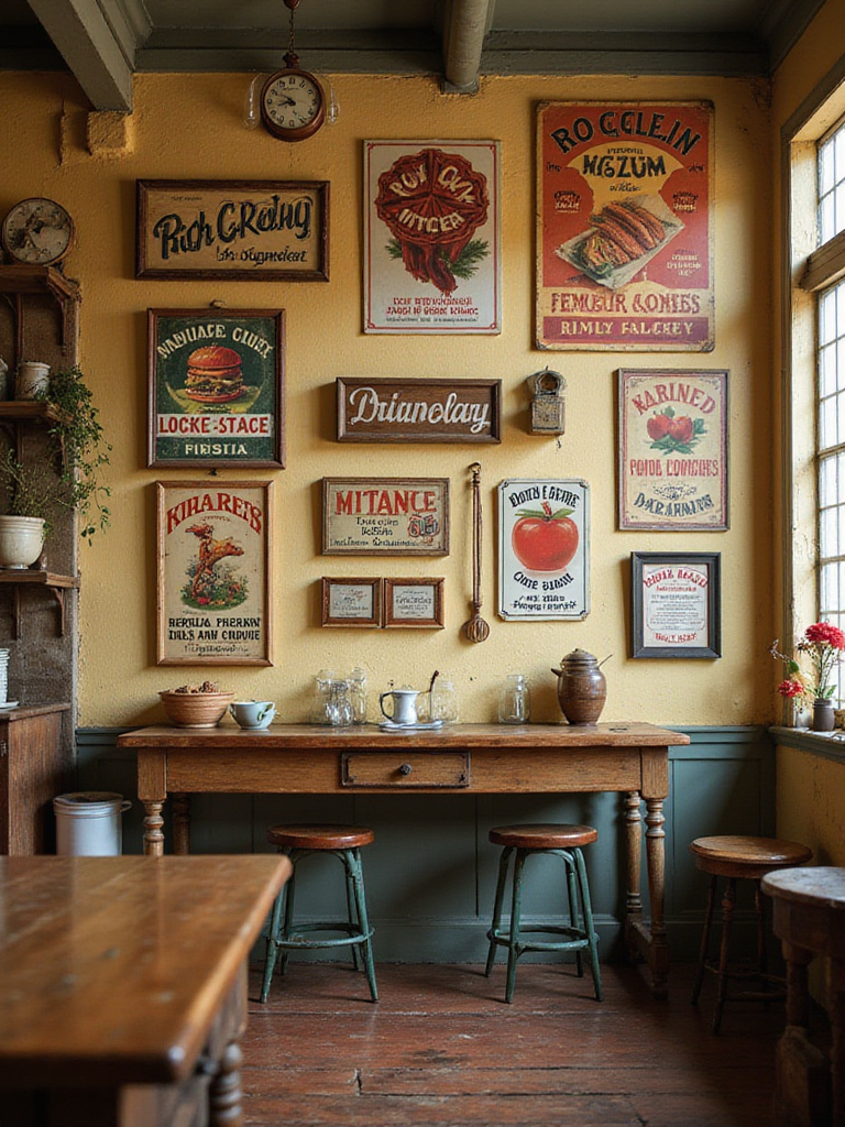 Vintage kitchen adorned with retro advertisements and signs