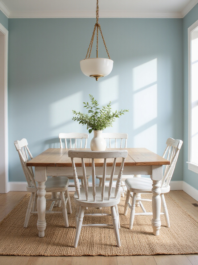 A serene dining room with sky blue walls, rustic farmhouse table, and whitewashed oak chairs.