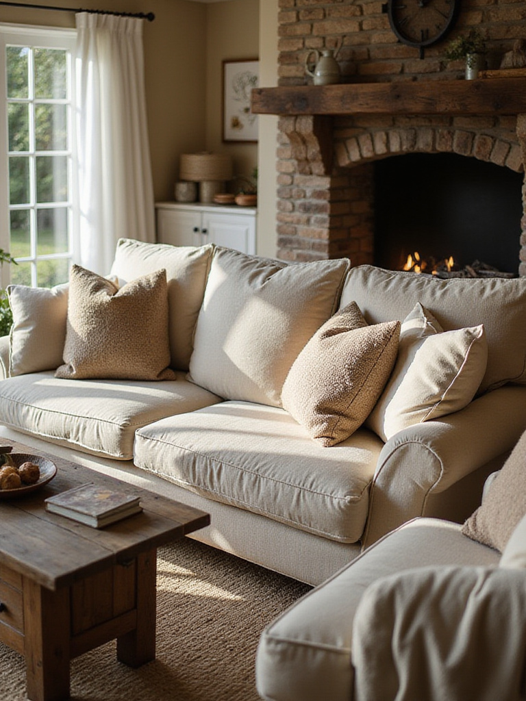 Cozy cottage living room with a plush sofa as the focal point