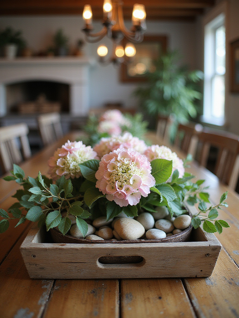 Welcoming farmhouse dining table centerpiece with natural elements