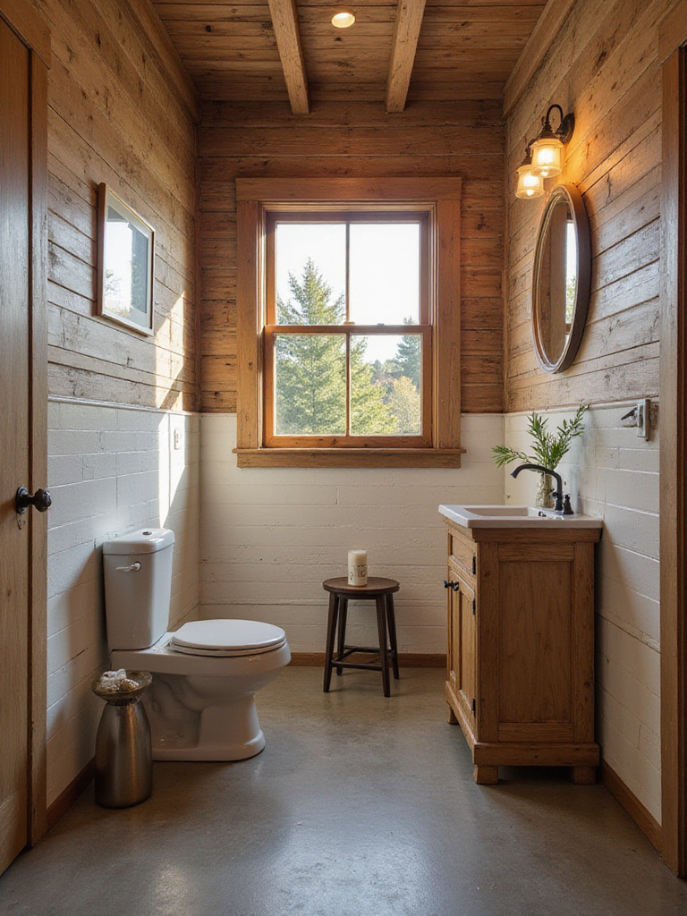 Rustic bathroom with shiplap and distressed wood walls, showcasing cozy decor.