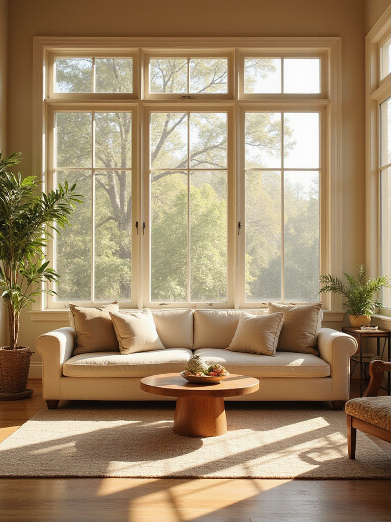 A well-lit living room with natural light showcasing soft beige walls and warm decor.
