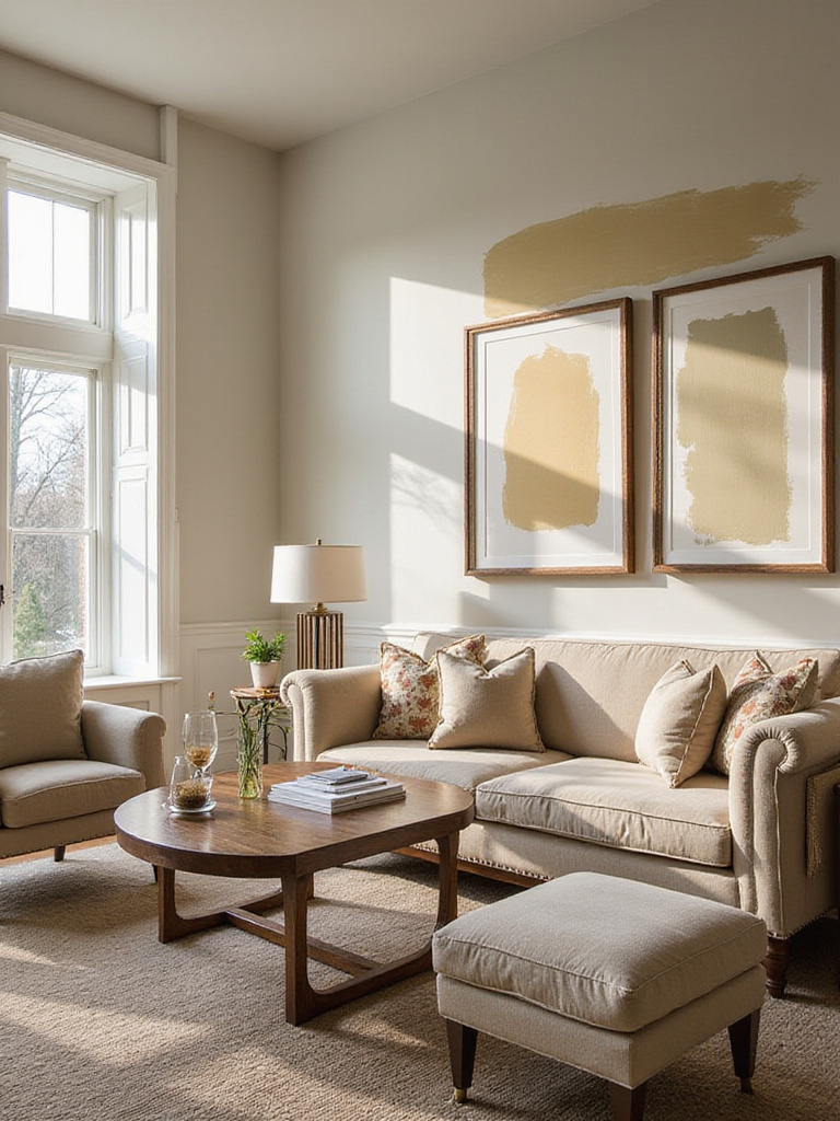 Living room with harmonious paint colors and large swatches on the walls under natural light.