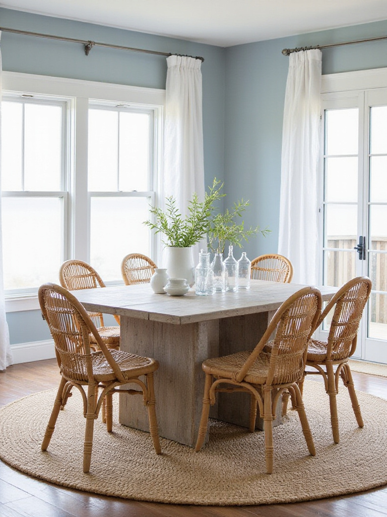 Dining room with light blue walls and natural wood elements creating a calming coastal vibe.