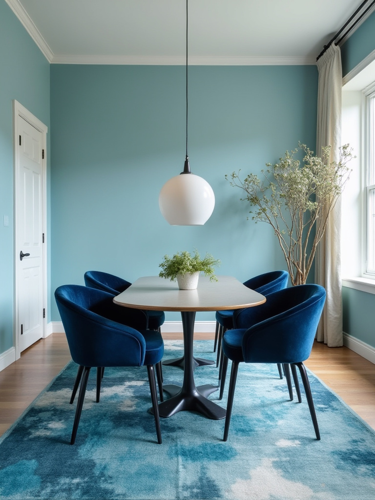 Dining room featuring layered blue tones for depth