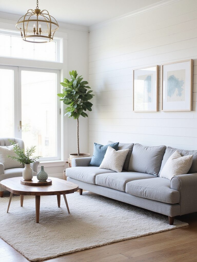 Cozy living room with refined farmhouse decor featuring modern and rustic elements.