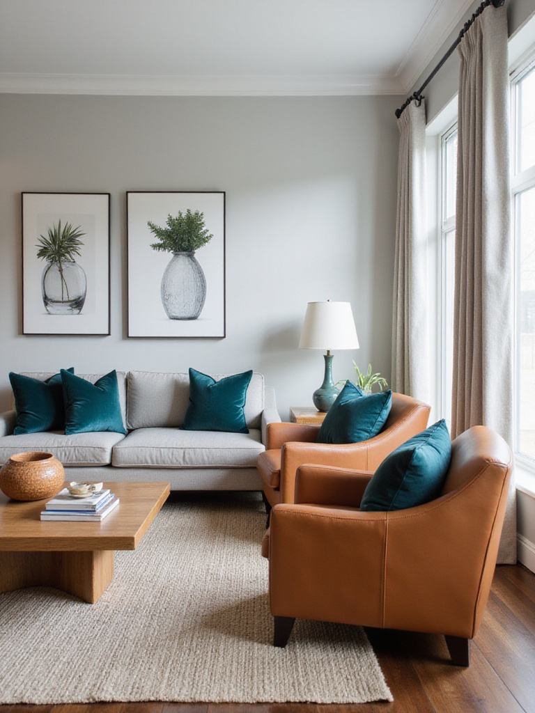 Living room with balanced warm and cool colors, featuring gray walls and warm furniture.