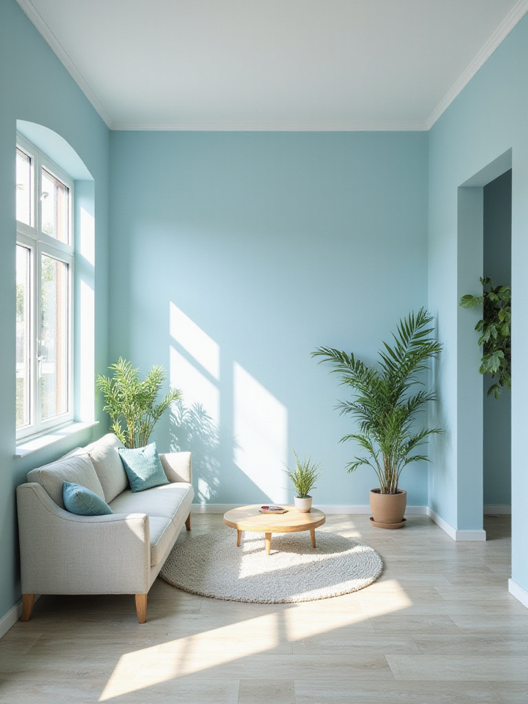Cozy small living room with soft pastel colors and natural light.