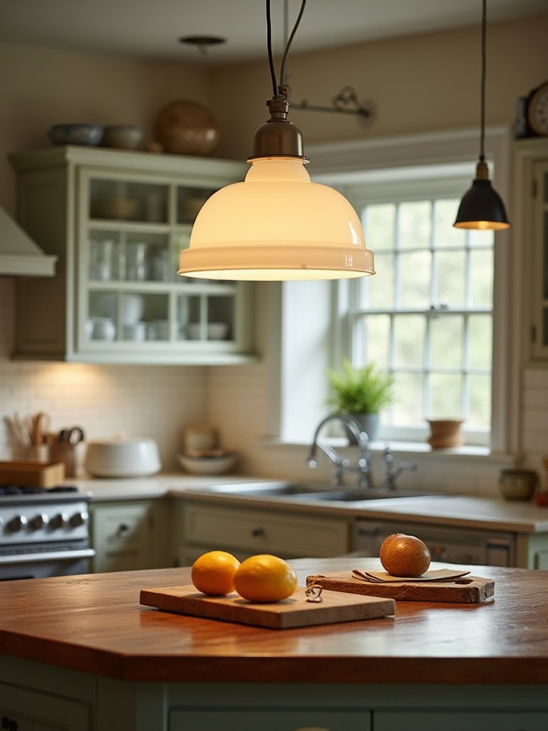 Vintage kitchen with iconic milk glass pendant lighting