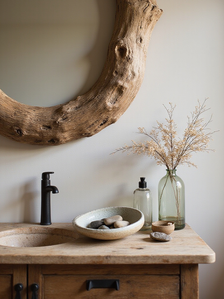 Rustic bathroom decor featuring foraged natural elements like driftwood and river stones.