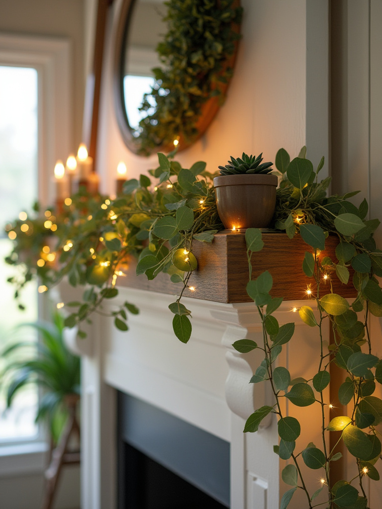 Cozy farmhouse living room with faux eucalyptus garland and live succulents on the mantel