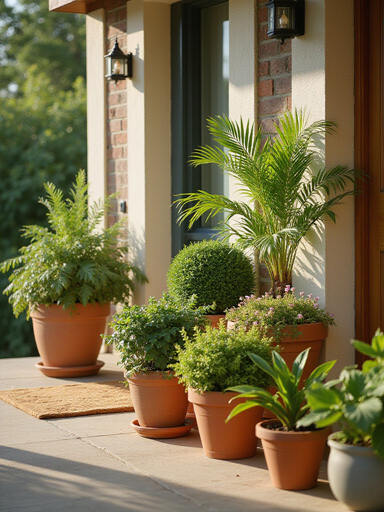 A vibrant front porch filled with varied potted plants, showcasing a mix of colors and textures.