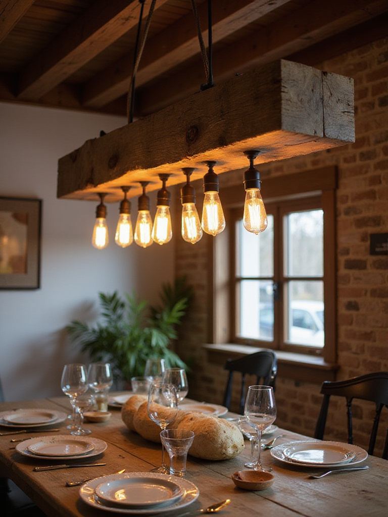 A reclaimed wood beam lighting fixture hanging above a rustic dining table, showcasing warm Edison bulb light.