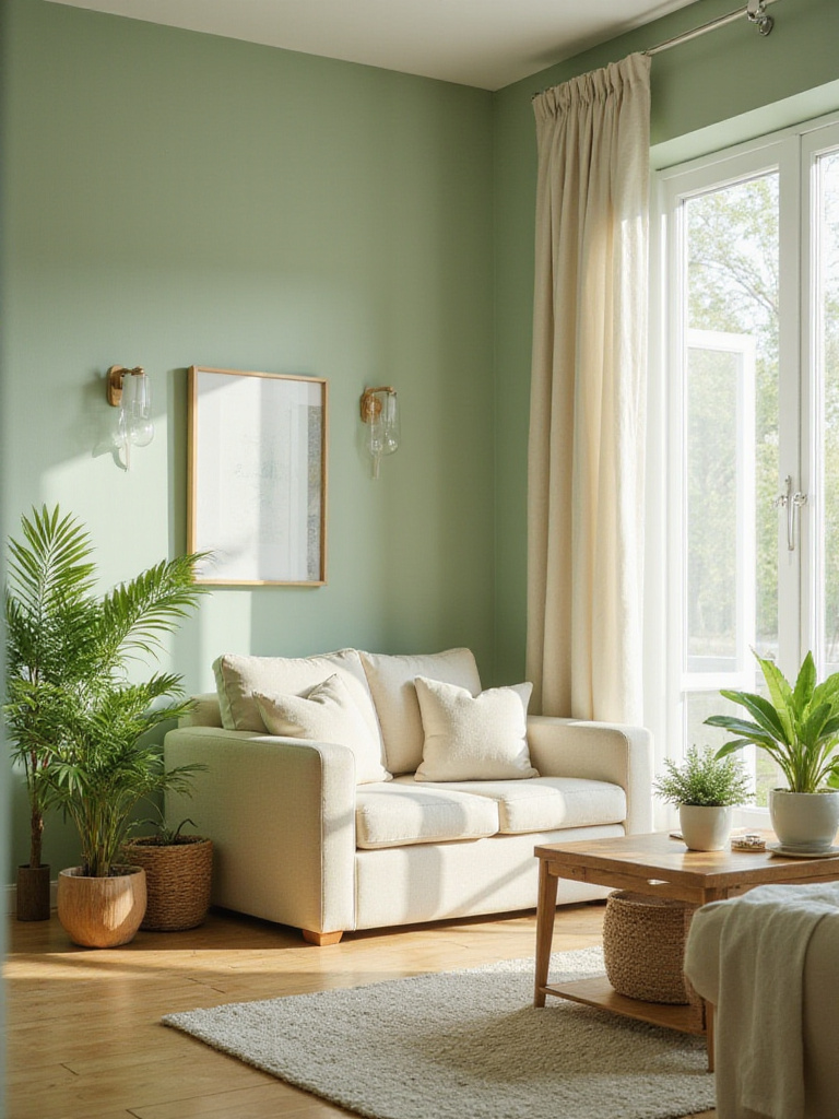 Living room painted in soothing green tones with natural elements.