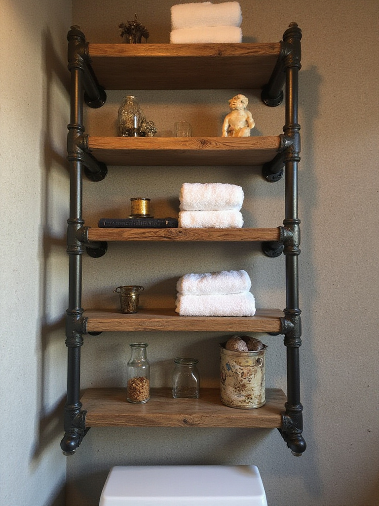 Industrial pipe open shelving in a rustic bathroom displaying towels and decor.