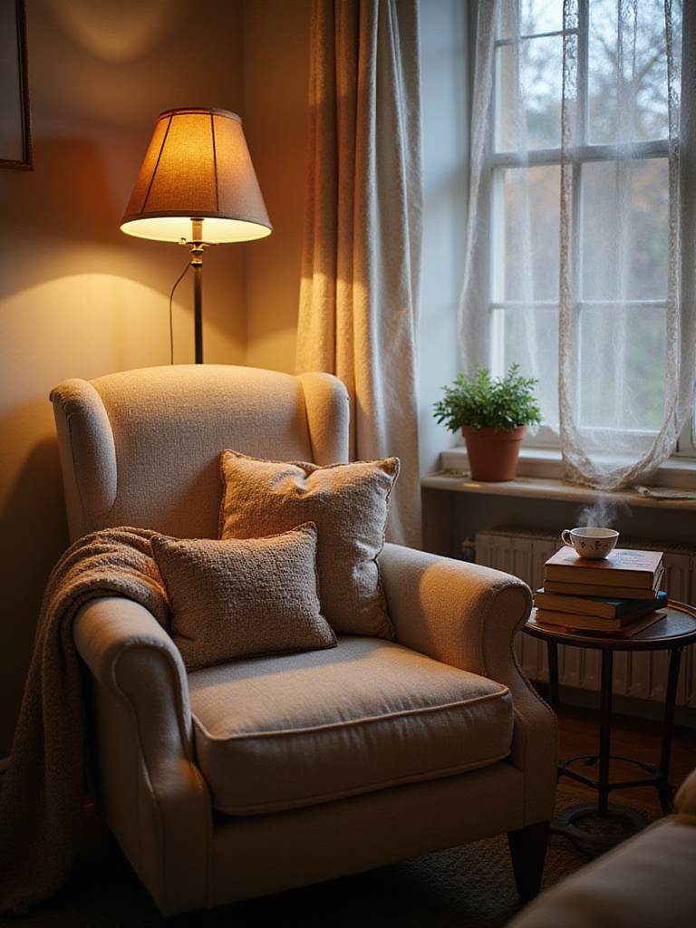 Cozy reading nook in a cottage living room with plush armchair, warm lighting, and books.