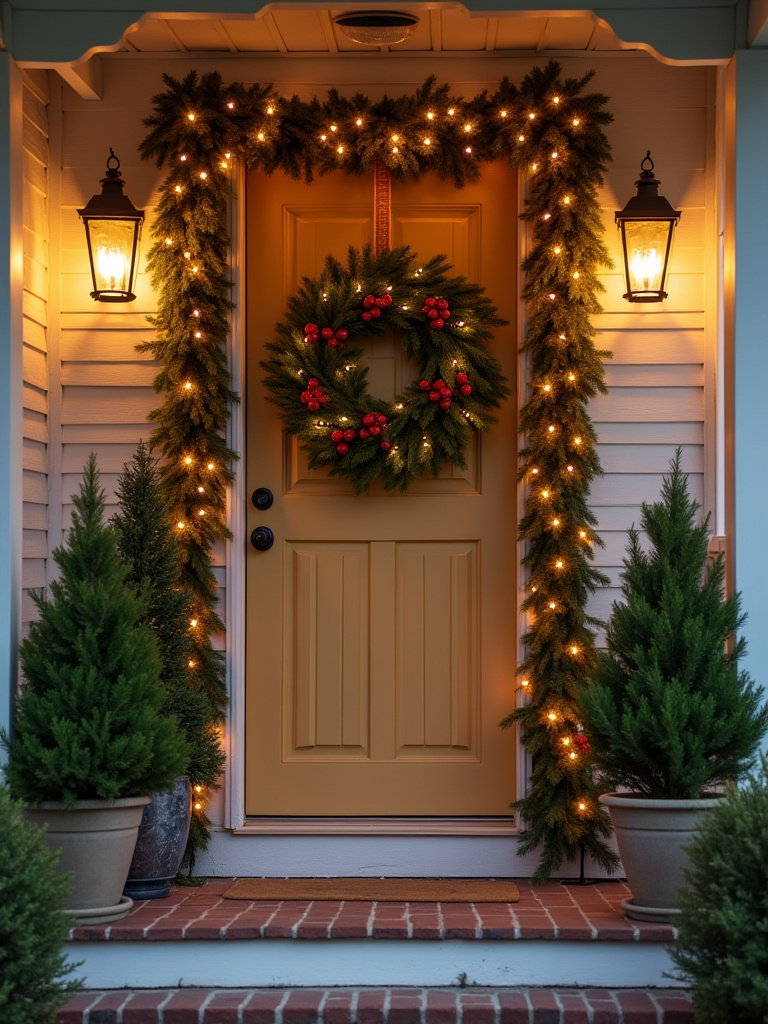 Festively decorated front porch with wreath and cypress trees