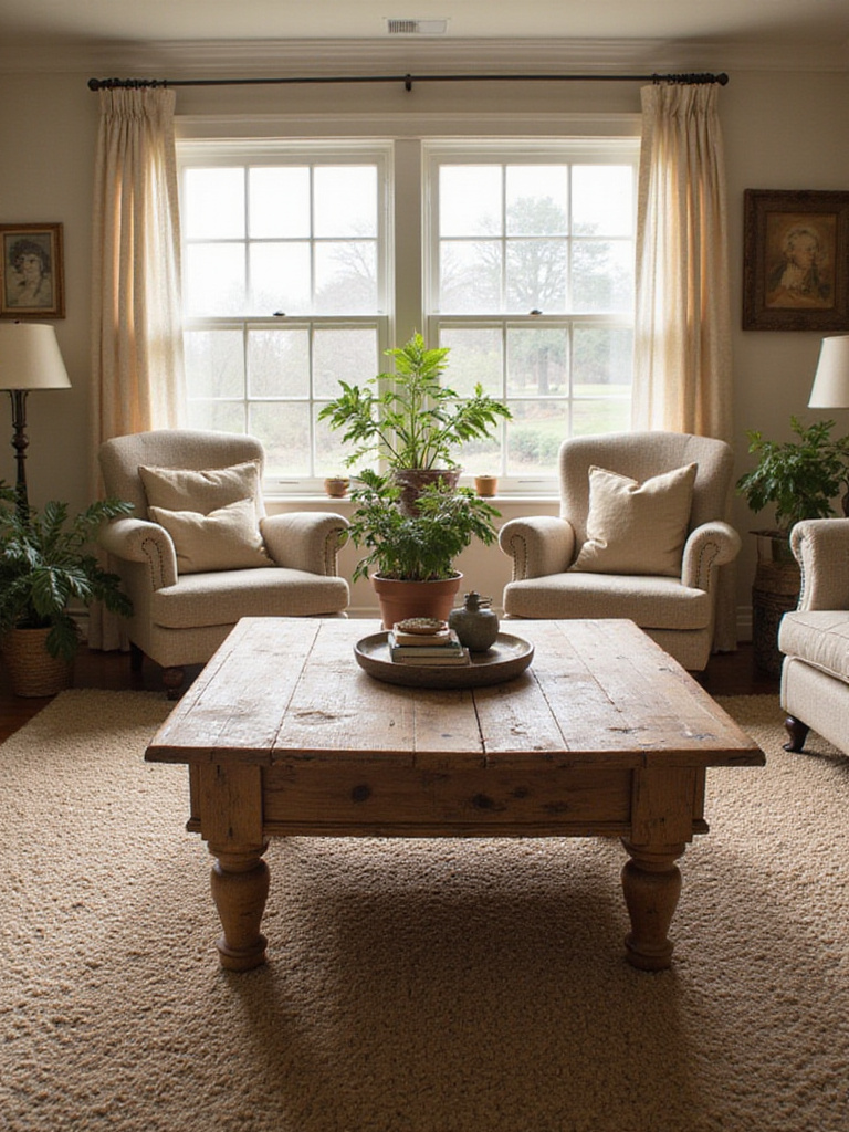 Functional coffee table in a cozy cottage living room with natural lighting