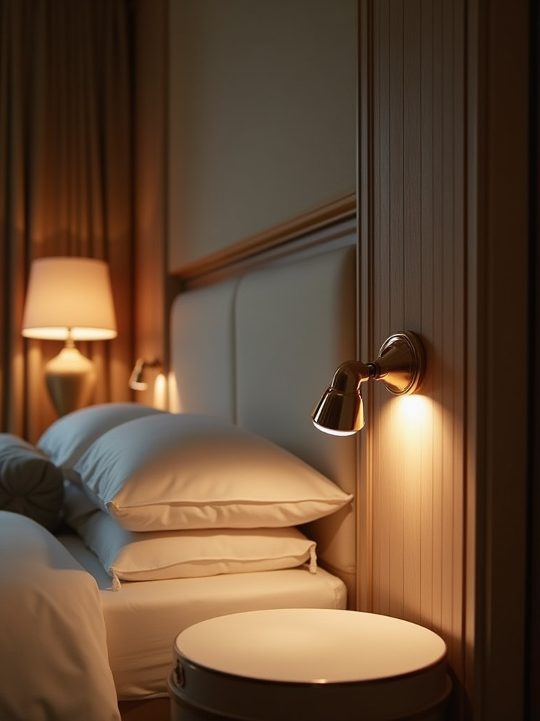 Luxury bedroom with adjustable reading lights integrated into the headboard, showcasing a cozy ambiance.