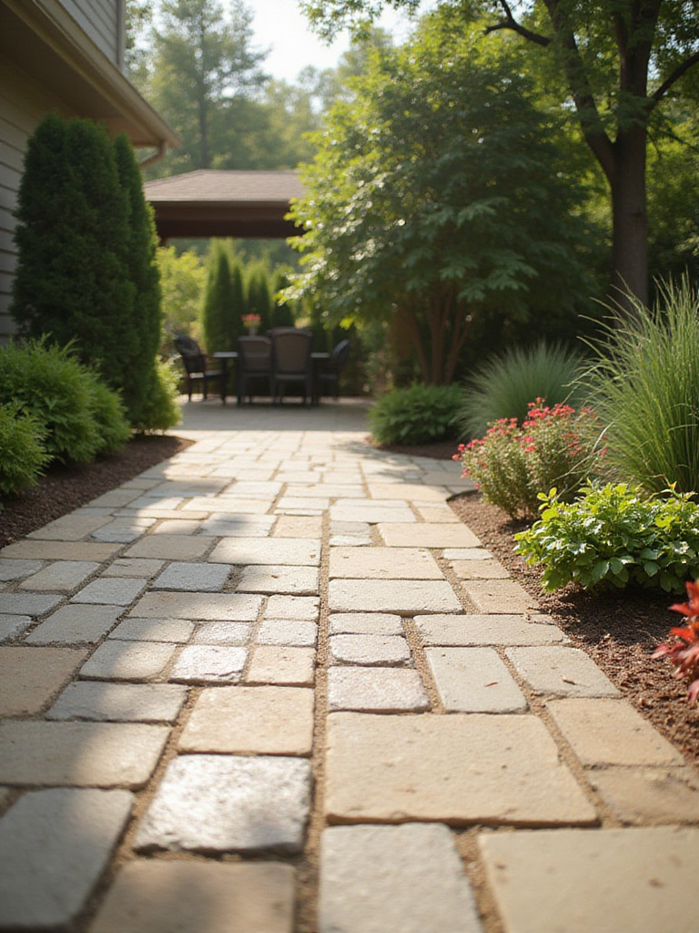 A well-designed patio with pavers and greenery under soft sunlight.