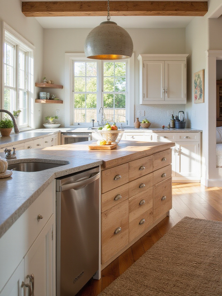Farmhouse kitchen with butcher block island and light quartz countertops