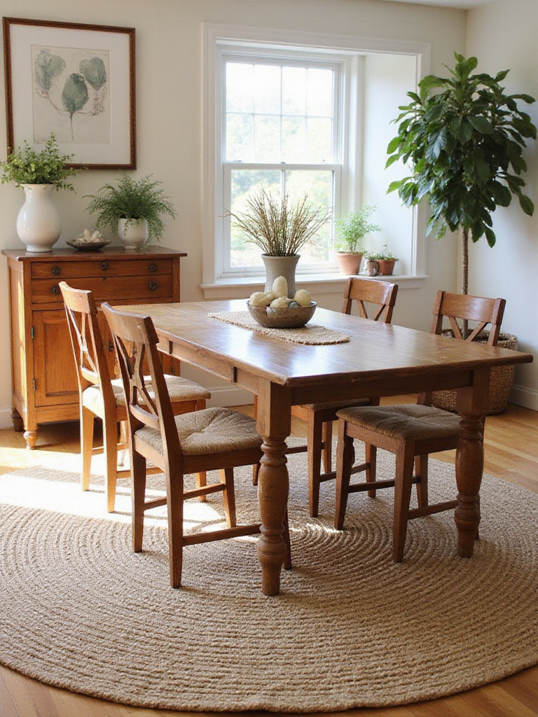 Farmhouse dining room with rustic area rug, natural light, and cozy decor.