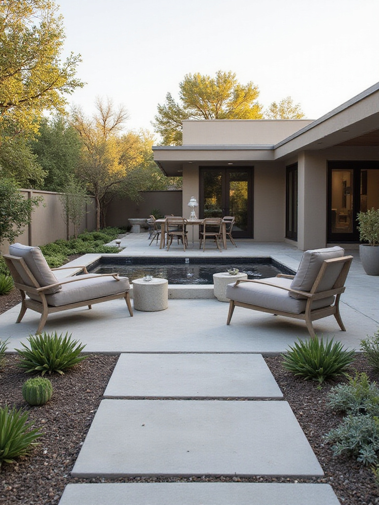 A modern minimalist backyard with a cohesive theme featuring concrete pavers, succulents, and a water feature.