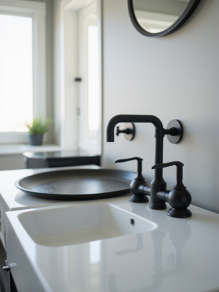 Modern bathroom with sleek black faucets and fixtures against light walls