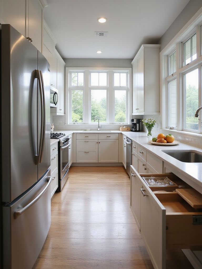 Ergonomic kitchen layout showcasing efficient zones and modern cabinetry