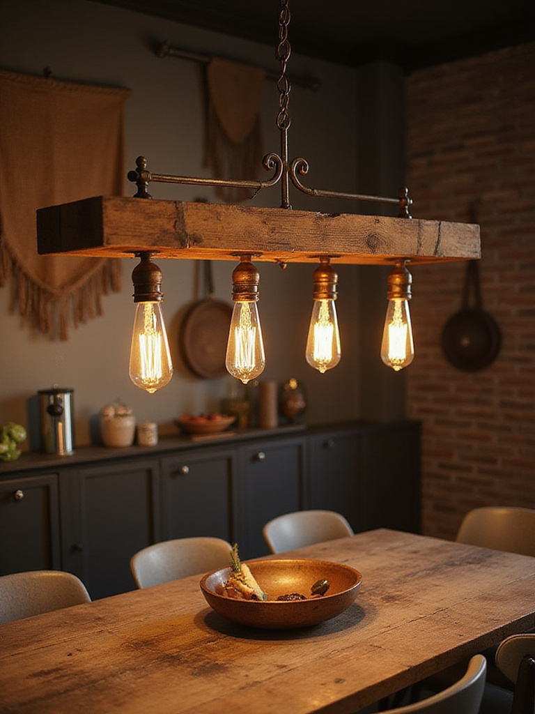Rustic dining room light fixture made from reclaimed wood and wrought iron above a wooden dining table.