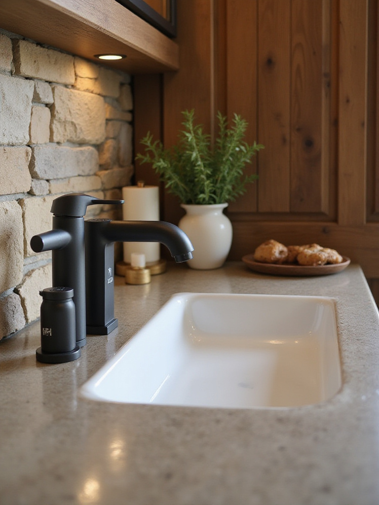 Rustic bathroom with matte black and bronze fixtures