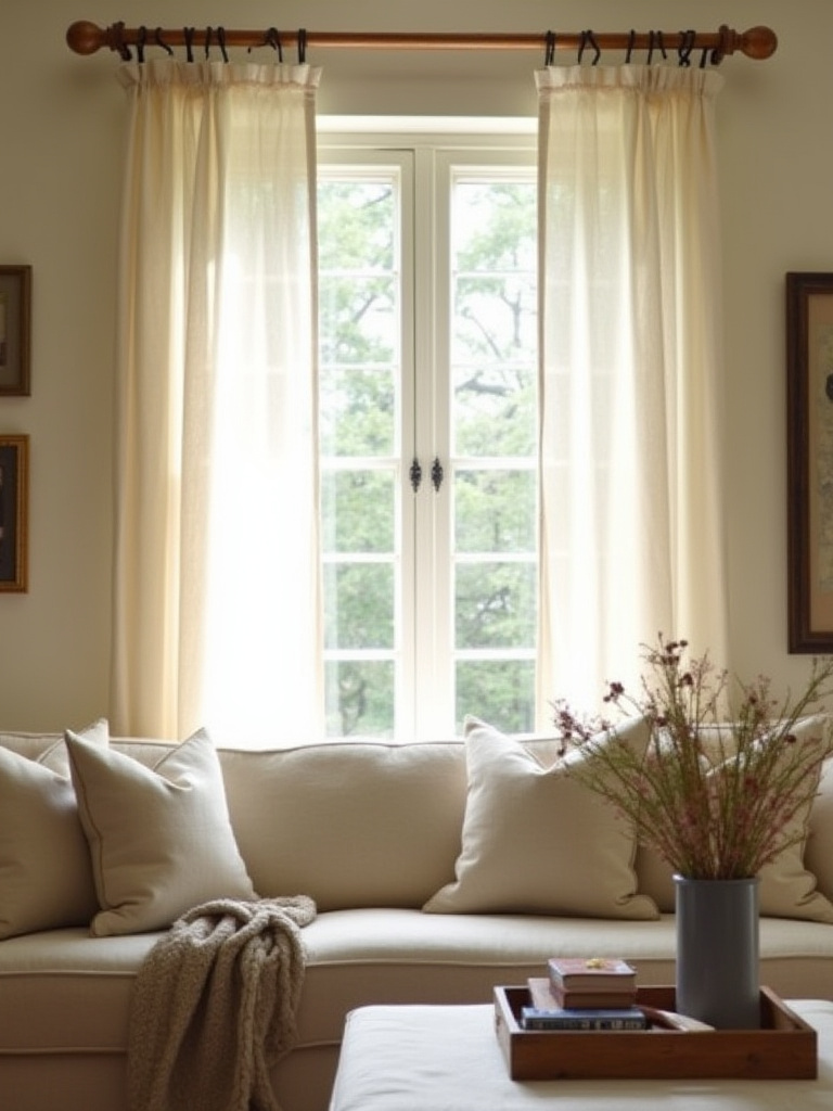 Cozy farmhouse living room with simple linen curtains diffusing natural light.