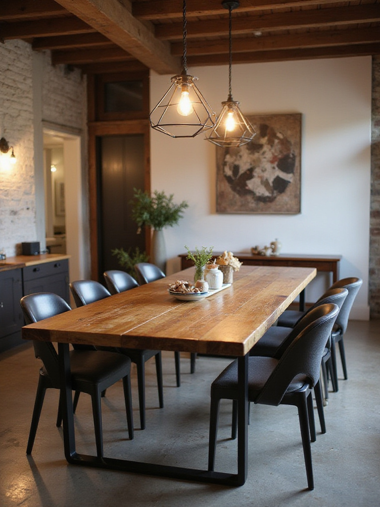 Farmhouse dining room with rustic wood table and modern chairs under geometric pendant light