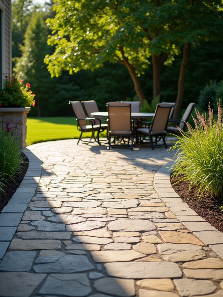 A beautifully designed patio with durable paving materials, showcasing interlocking concrete and natural stone.