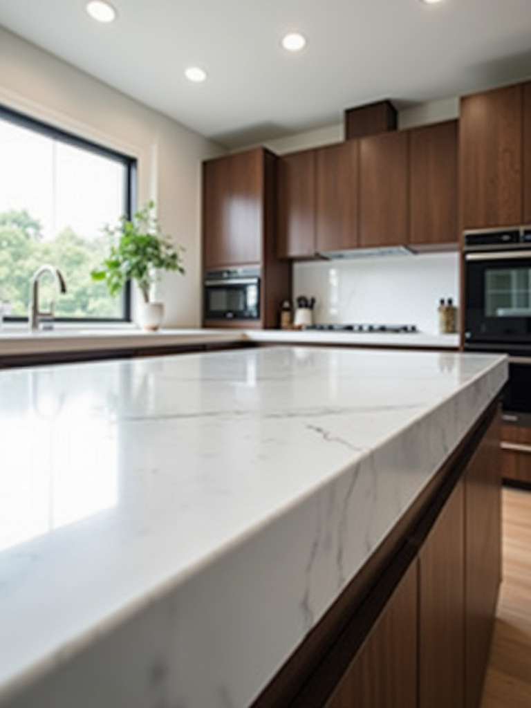 A contemporary kitchen featuring quartz countertops with a sleek design and modern cabinetry.