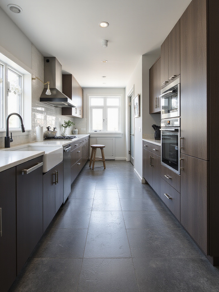Modern kitchen with durable, stylish flooring designed for high-traffic areas.