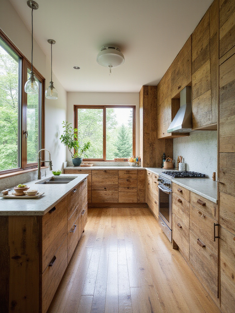 Contemporary kitchen showcasing eco-friendly materials like reclaimed wood and recycled glass.