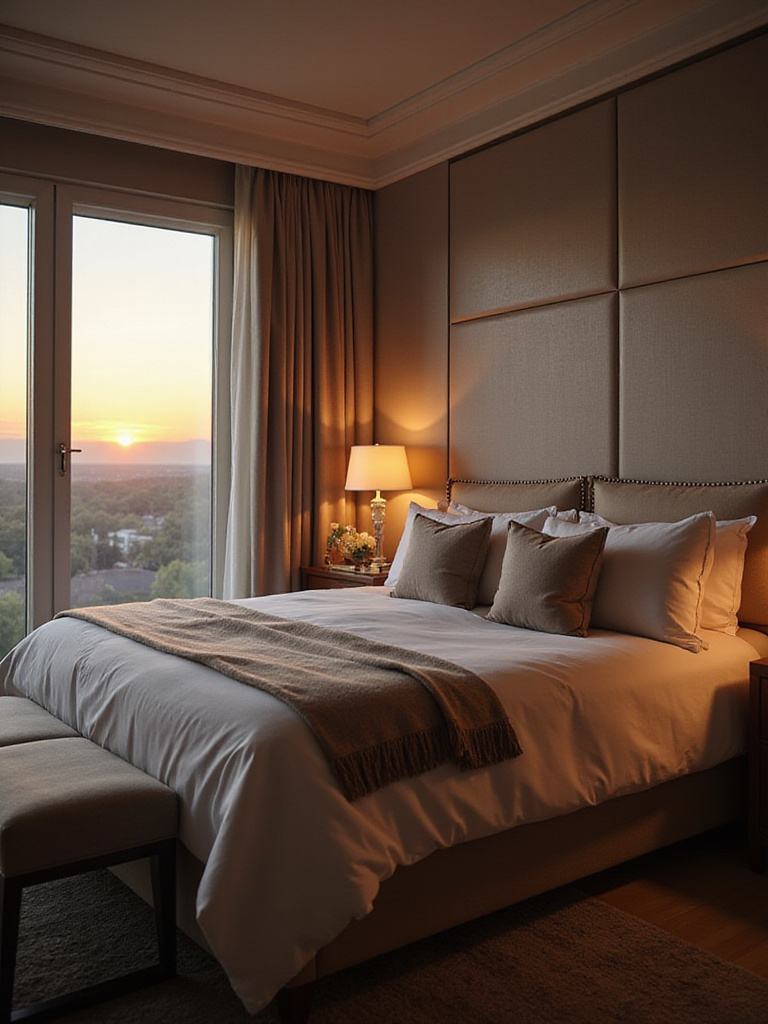 Luxurious bedroom with tunable white lighting, showcasing a serene and calming atmosphere.
