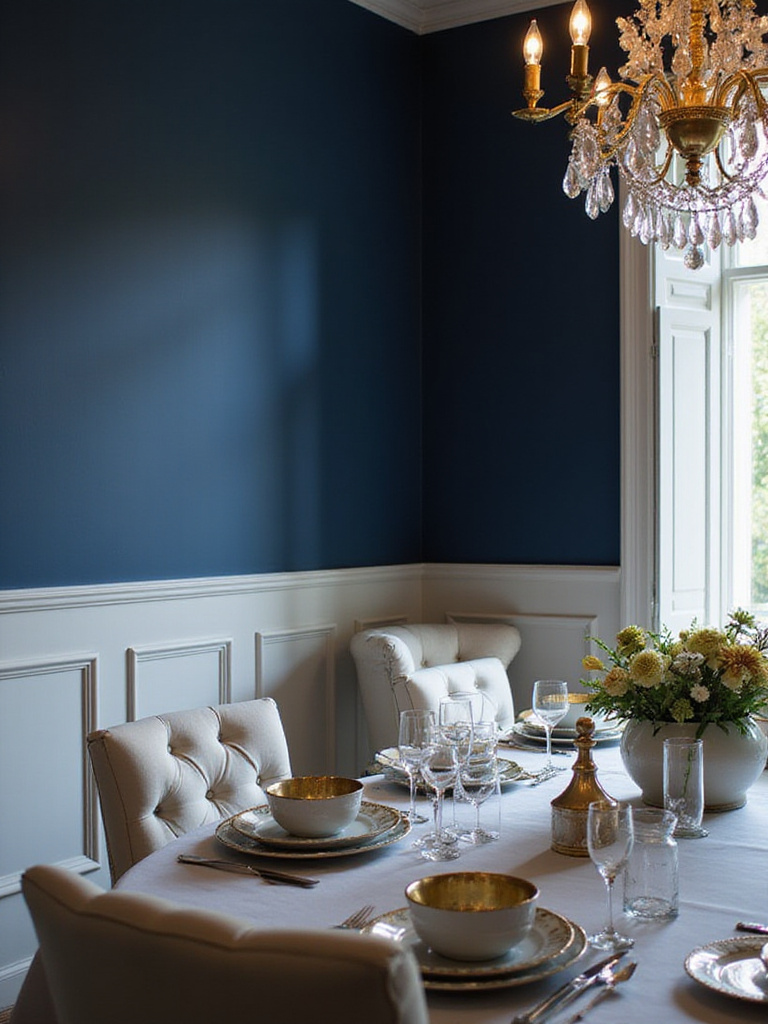 Elegant dining room with navy blue walls and white accents