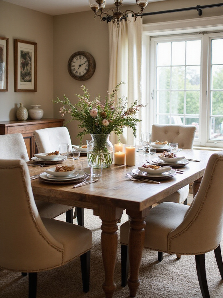 A rustic farmhouse dining table set with flowers and candles in a cozy dining room