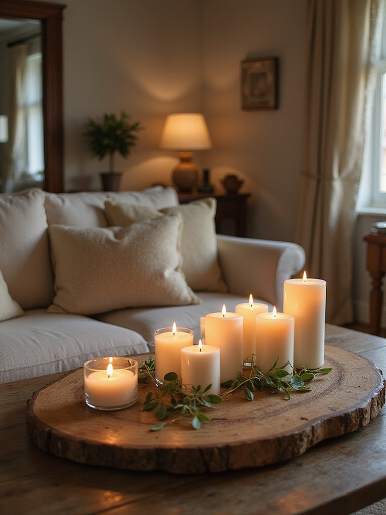 Cottage living room with candles and diffuser creating a cozy atmosphere