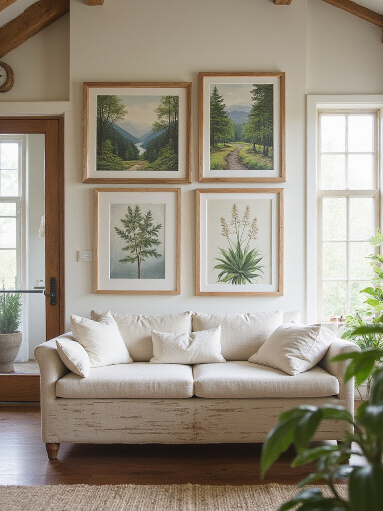 Cozy cottage living room with nature-inspired artwork on the walls