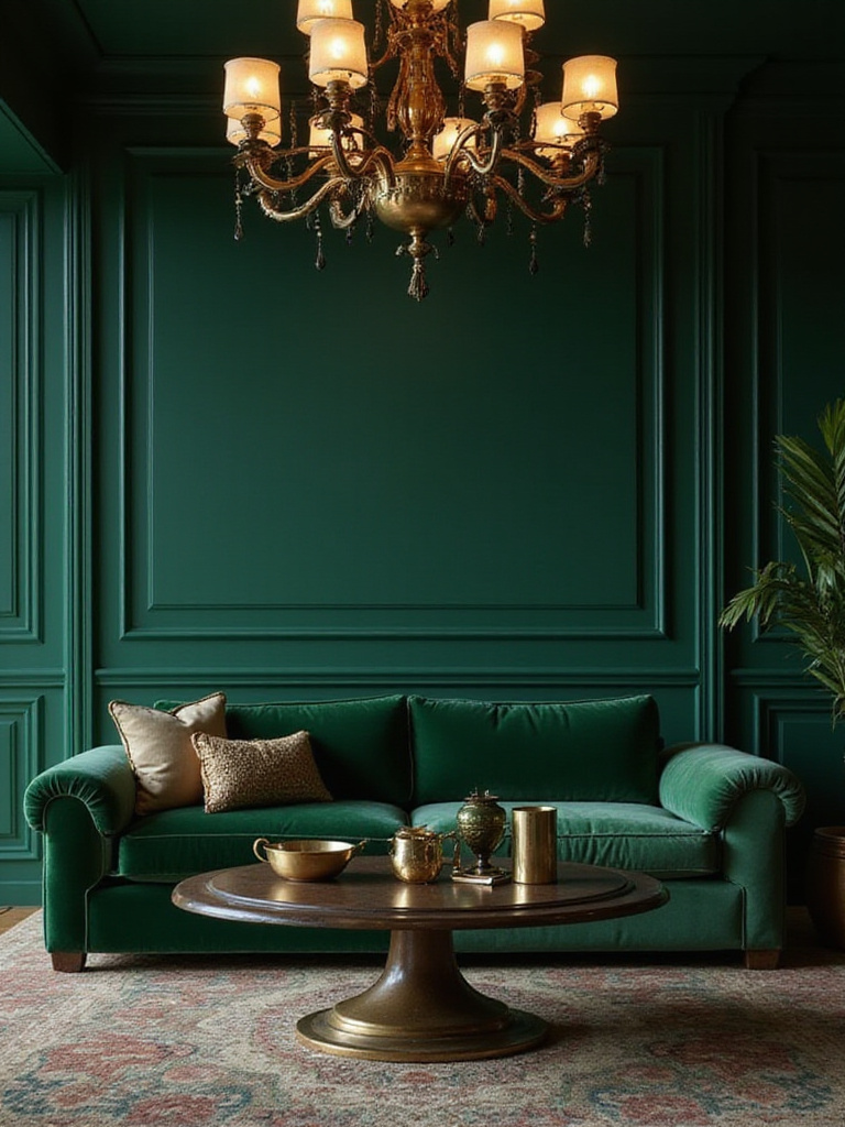 Luxurious living room with bold jewel tones and elegant decor
